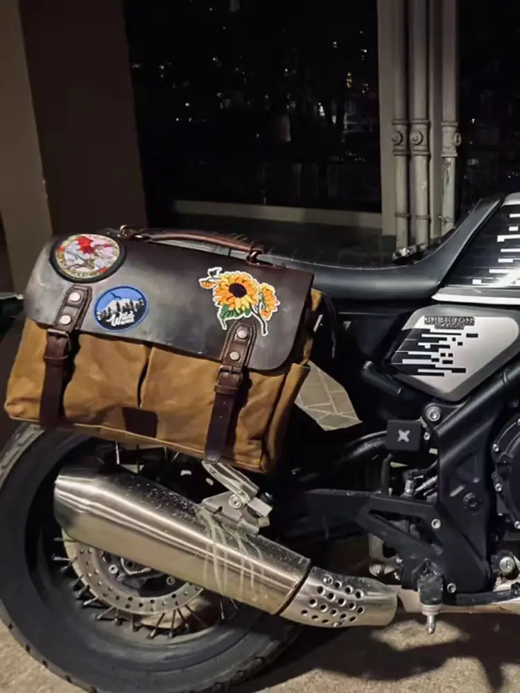 Bolso de mensajero de cuero de vaca de lona cruzado Vintage para hombre, maletín de mano, bolso lateral para motocicleta, bolso de motorista