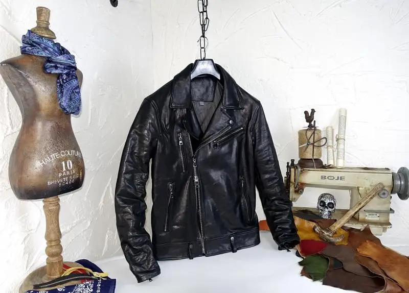 

Slim Fit Genuine eepskin Leather Jaet Men's Biker Sle Stand Collar Faion Urban Casual Youth ort Zipper Svel