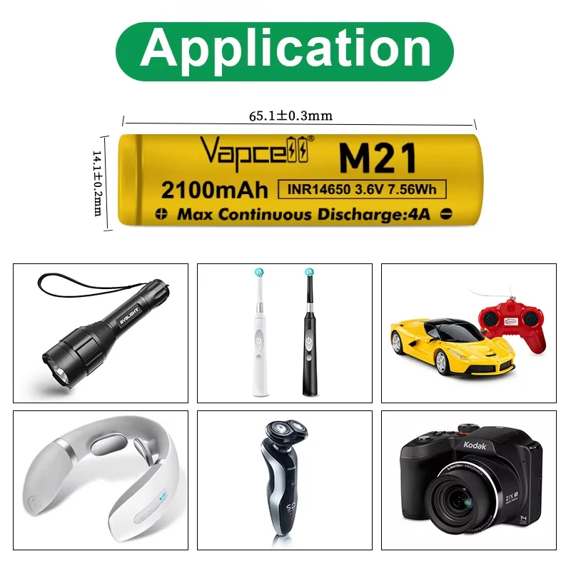 بطارية Vapcell 14650 M21 الأصلية 2100mah 4A 3.7V بطاريات ليثيوم قابلة للشحن ذات سعة عالية 14650 خلية ليثيوم أيون لمصباح يدوي