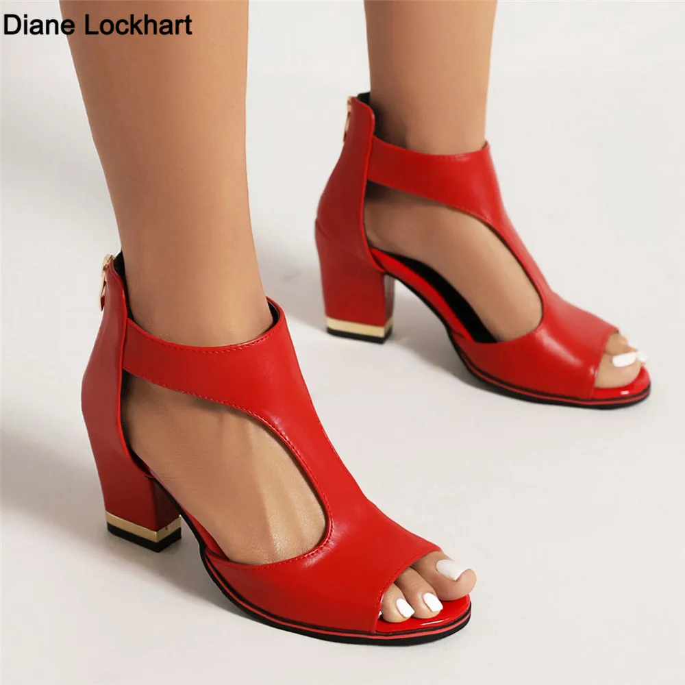 Women Square High Heels Summer T-Belt Ankle-Wrap Ladies Elegant Sandals Back Zipper Fish Mouth Party Sandalias Female Shoes