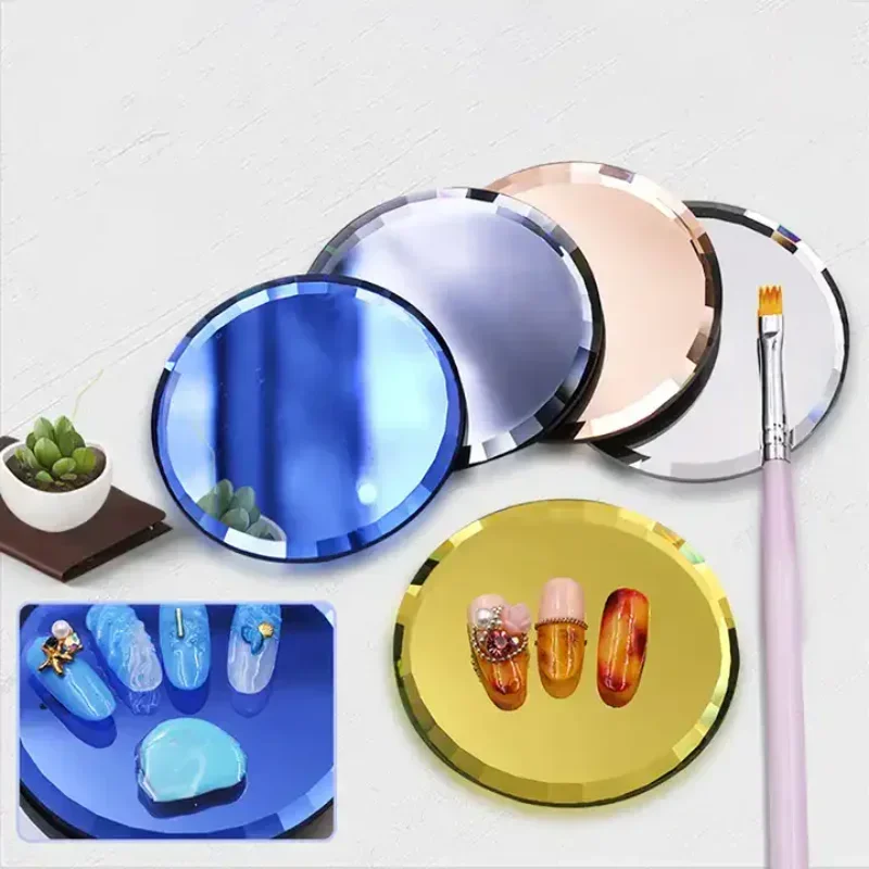 1Pc Mirror Empty Nail Art Palettes Plate Round Glass Nail Art Display Tray Board Holder Gel Polish Drawing Color Mixing Palette