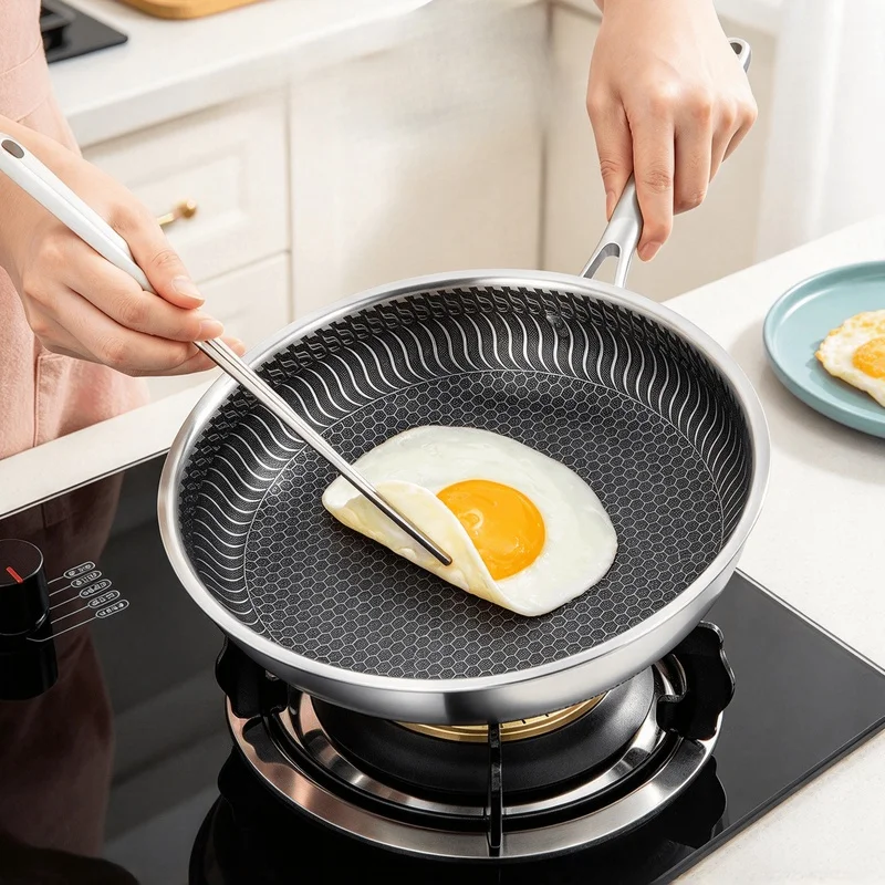 316 Stainless Steel Tri-Ply Wok Pan, Double Sided Honeycomb Skillet, Whole Body Composite Frying Pan for All Stovetops