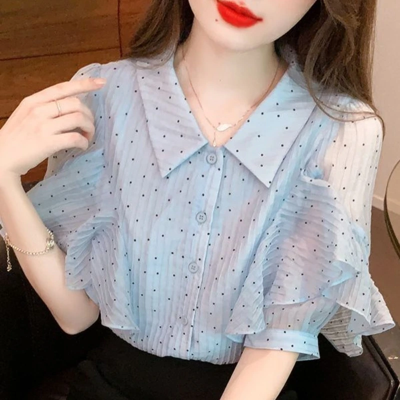 2024 New Summer Korean Fashion Chiffon Loose Half Sleeved Polo Collar Button Print Polka Dot Flared Sleeve Women\'s Shirt Top