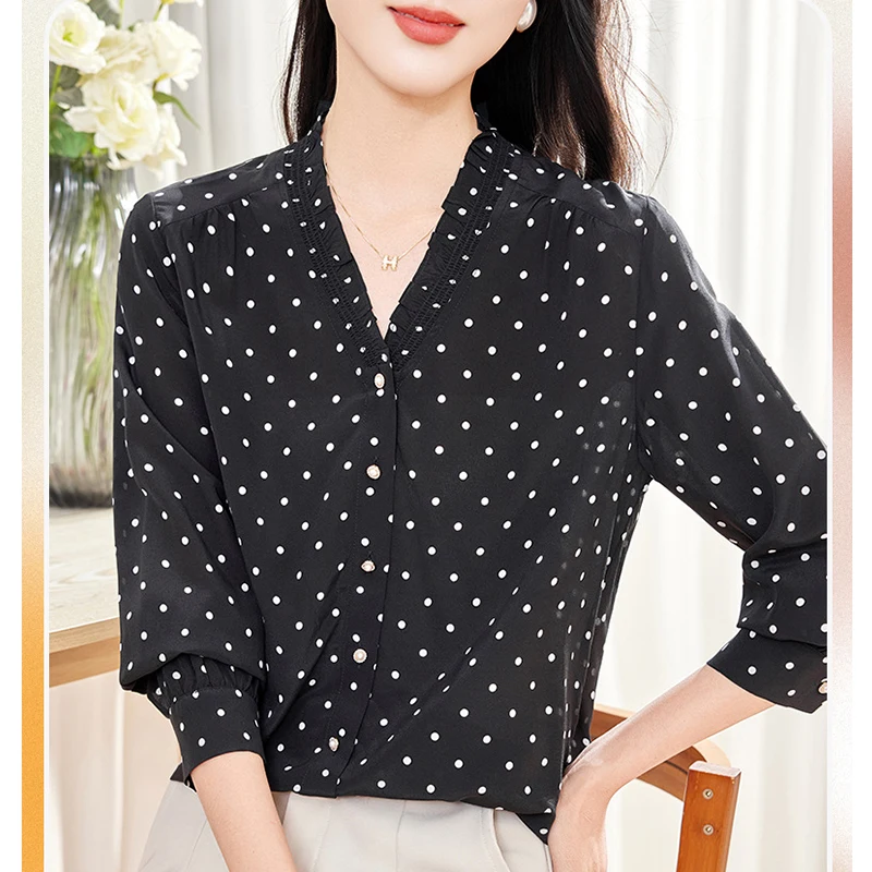 

New 2026 Spring Autumn Shirts and Blouses for Women V-neck Long Sleeve Dot Print Blouse 100% Real Silk Women's Shirt Loose
