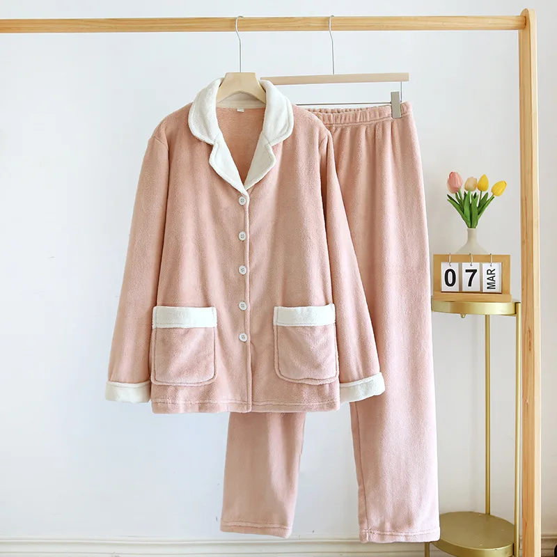 

Autumn Winter 2026 Coral Fleece Pajamas Thick Top Pants Trousers Elastic Waist Patchwork Two Pieces Set Sleepwear Lounge 511913