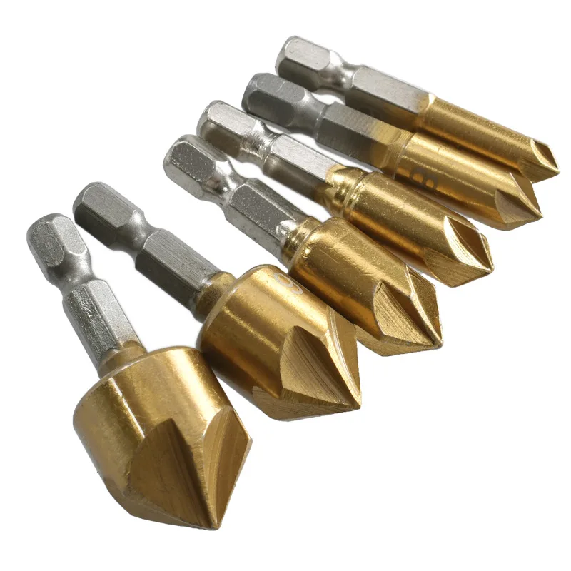 7Pcs/lot Woodwork Counersink Drill Bit Set Titanium Coat Counter Sink Wood Hole Cutter 5 Flute Chamfer Tool