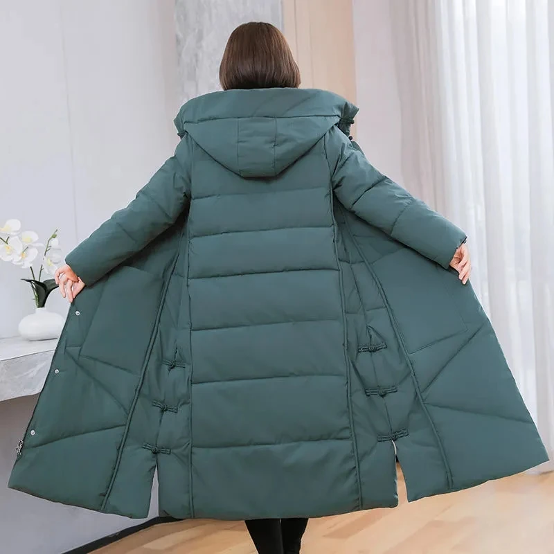 2023 Korean Jacket Women Winter X-long Parkas Solid Hooded Thicken Warm Female Snow Wear Coat Padded Loose Clothes