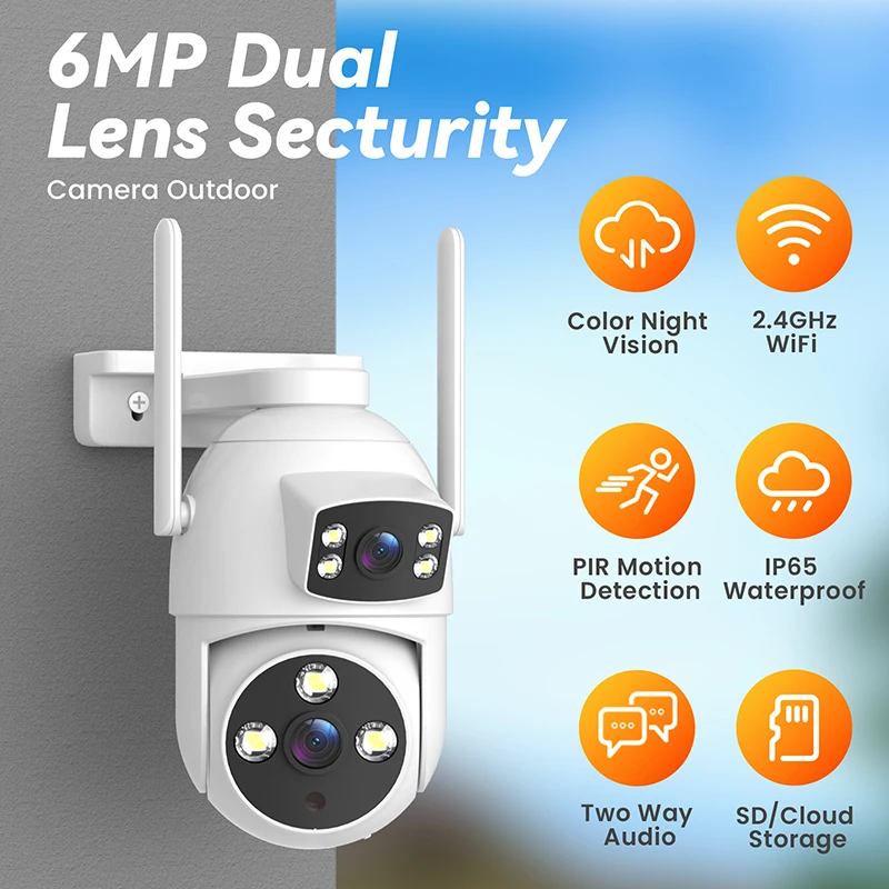 Dual Lens Wireless Security Cameras 6MP HD 360° Pan/Tilt Home Security Camera Color Night Vision Indoor Outdoor Human Detection