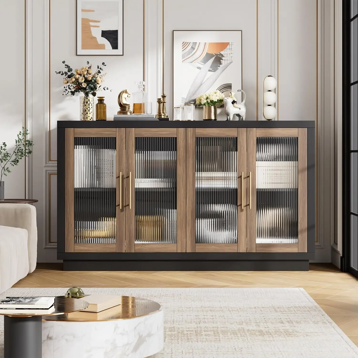 Fotosok Buffet Cabinet With Storage, 55.1"" Large Sideboard Buffet Cabinet, Modern Sideboard Kitchen Cabinet With 4 Fluted