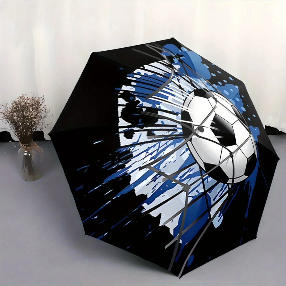 

Сетчатый зонт для футбольного мяча — автоматическое открытие/закрытие, компактный складной дизайн, всесезонный дорожный зонт с синим цветком