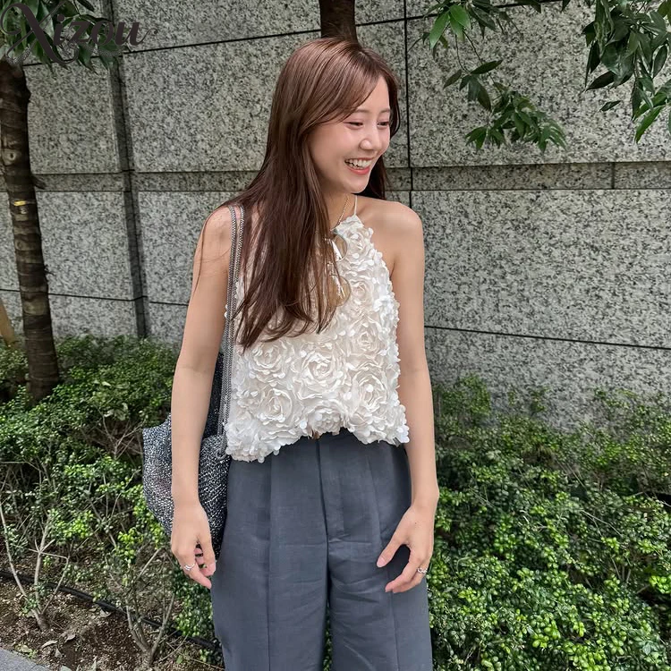 

Women's Sling Japanese Style Heavy Craft 3D Flower Off-Shoulder Elegant Camisole for Lady Fashion Short Top Summer