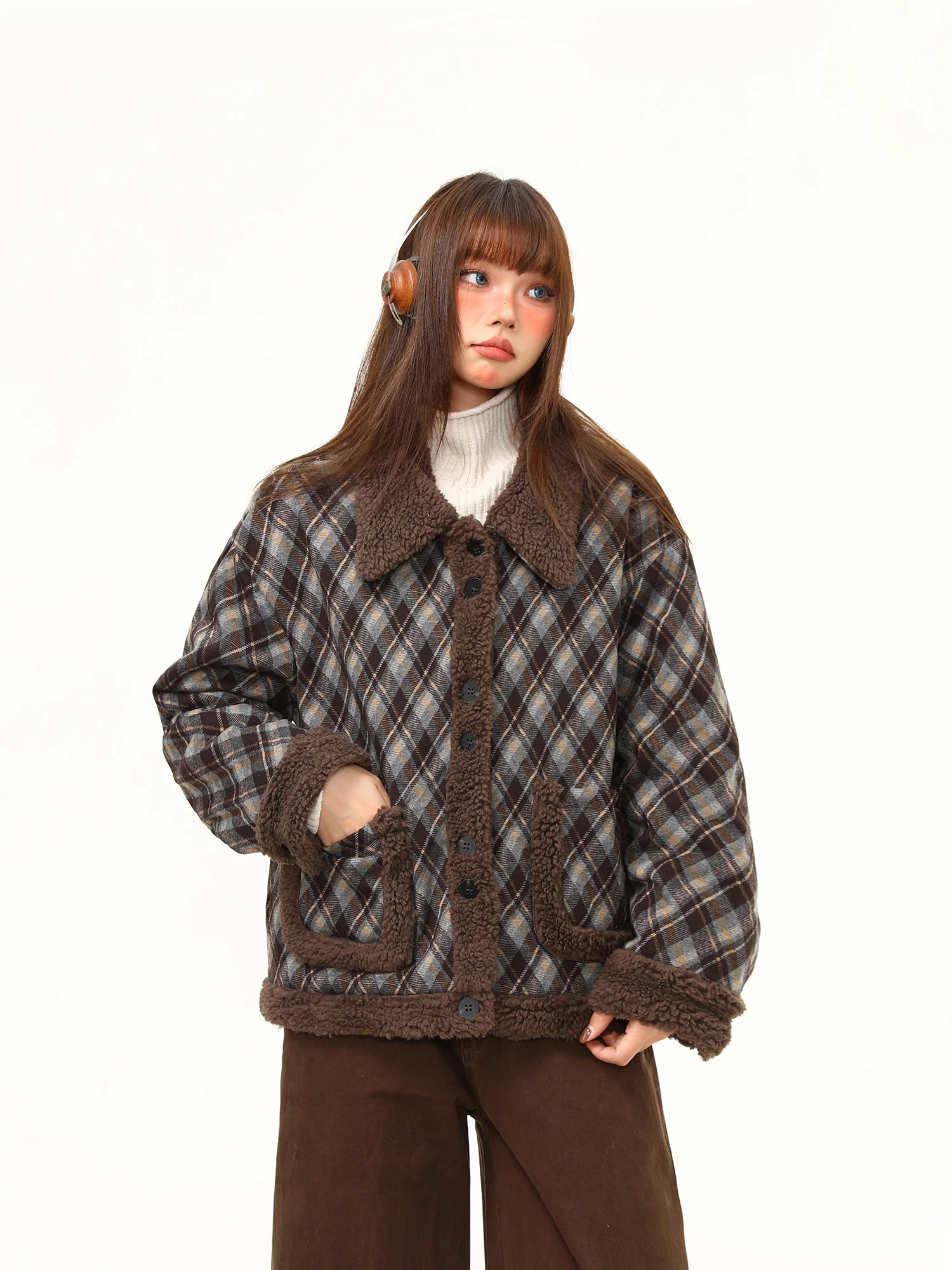 

Wild Lamb Velvet Patchwork Plaid High-End ort Collar Women's Jaet Winter New Sle Retro Cotton Coat Trendy Street Sle