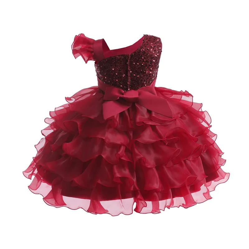 3-10Years Girls One Shoulder Sequined Layered Ruffled Cupcake Tutu Dress Birthday Party Pagenat Formal  Dress