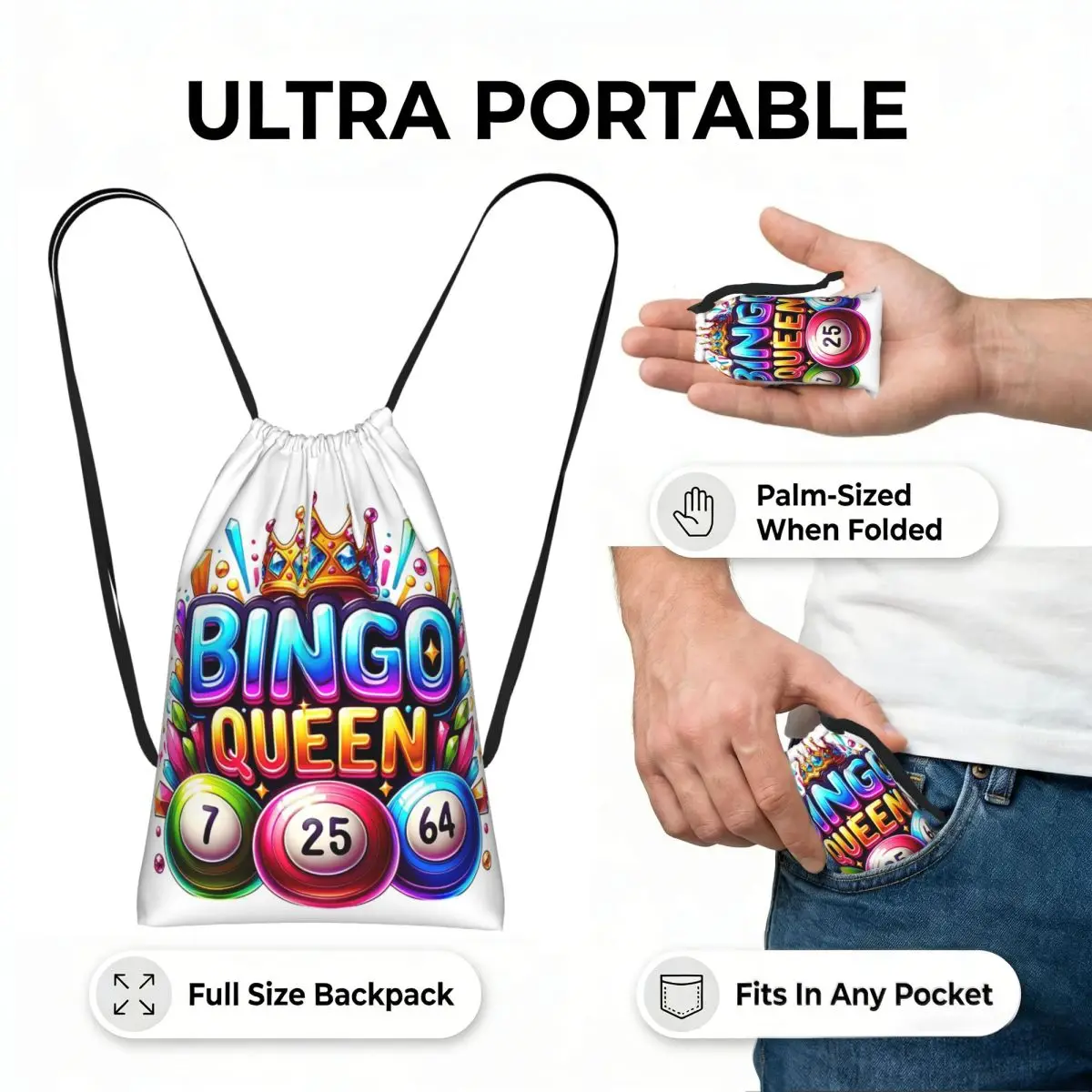 Bingo Queen Best Player Of Vacation Bingo Drawstring Backpack hiking cycling Bag Lightweight Foldable Storage Drawstring Bag