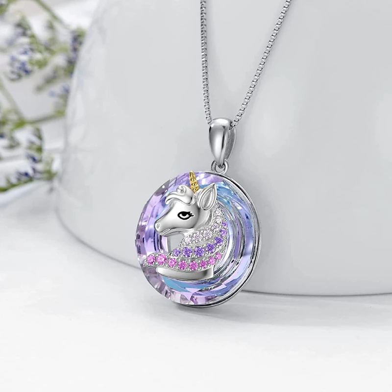 Exquisite Ladies Fashion Income Unicorn Pendant Necklace Colorful Round Animal Crystal Jewelry Anniversary Bride Wedding Gift