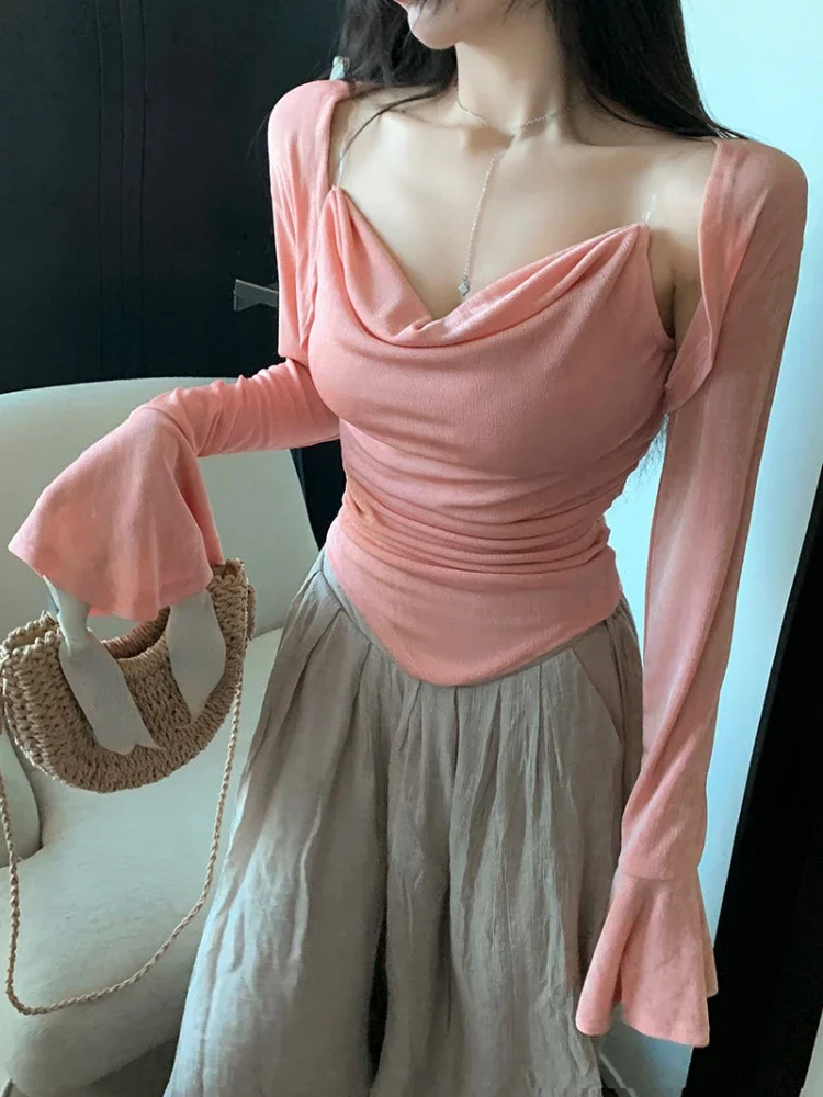 Cropped Cardigans Fashion Solid 2 Piece Set Women Flare Sleeve Sweet Tops Sleeveless Irregular Vest Suit Pull Femme Y2k Clothes