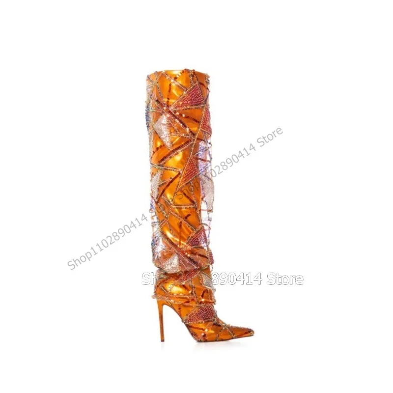 Orange Geometric Print Rhinestone Decor Pointed Toe Boots Slip On Women Shoes Thin High Heels Fashion 2023 Zapatos Para Mujere