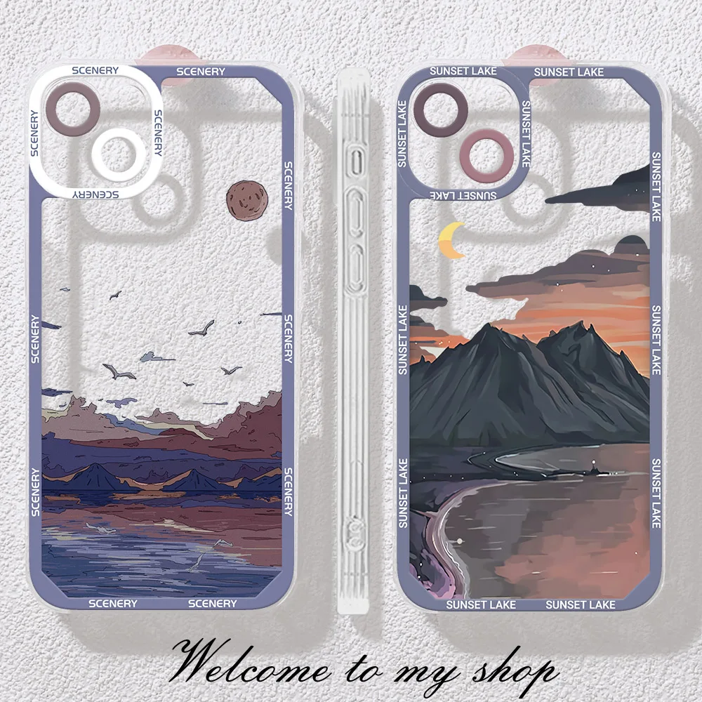 Anime Scenery Sunset Phone Case For iPhone 14 13 12 11 15 Pro Max XS X XR SE 2020 7 8 Plus Clear Landscape Cover Iphone11 Capa