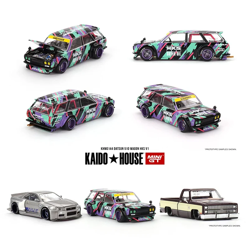 Vorverkauf minigt khmg144 1:64 datsun 510 Wagen hks v1 zu öffnende Haube Druckguss Auto Modell Kaido Haus