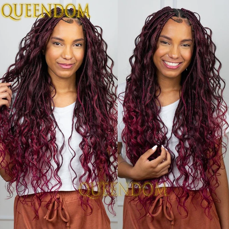 

Synthetic Bohemian Braids Wig with Curly Ends Knotless Full Lace Box Braided African Women Wig 32 Inch Ombre Burgundy Braid Wig
