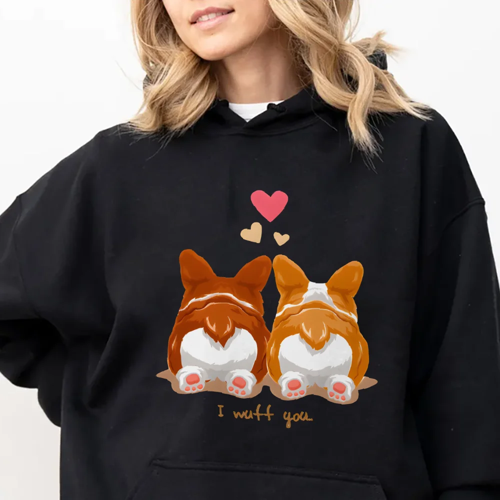 Corgis com corações estampados Y2k moletom com capuz gráfico fofo romântico e inspirado em canino estilo Kpop tecido macio para aparência casual com tema de animais de estimação