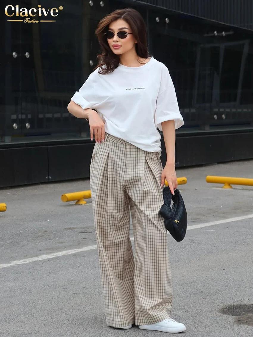 

Clacive Fashion Loose Plaid Print Women's Pants 2025 Casual High Waist Wide Trousers Elegant Classic Pants Female Clothing