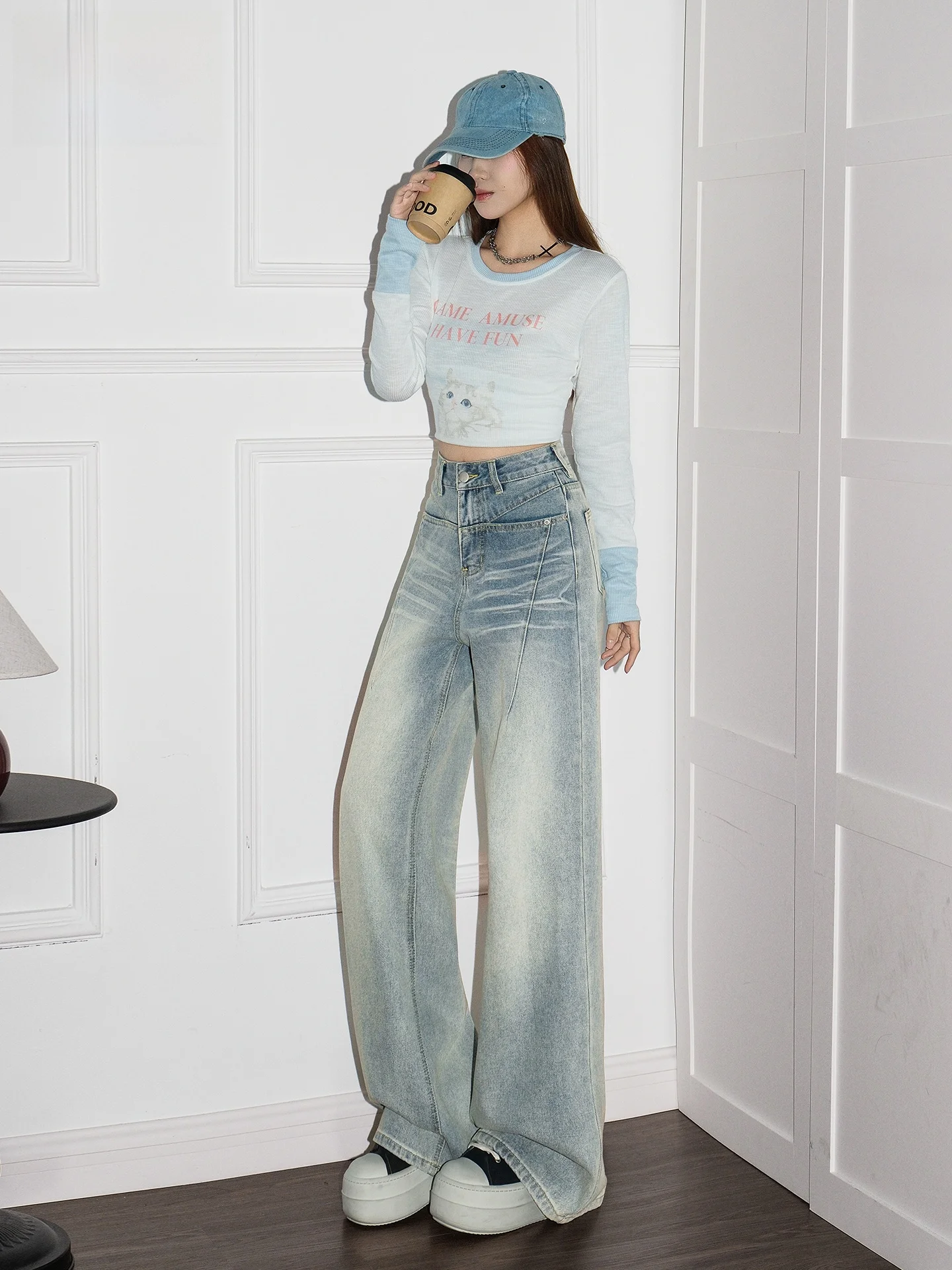 

Washed Distressed Wide Leg Denim Jeans Women's Loose Slim Straight Casual High Waist Spring Fashion plus Size Blue Jeans