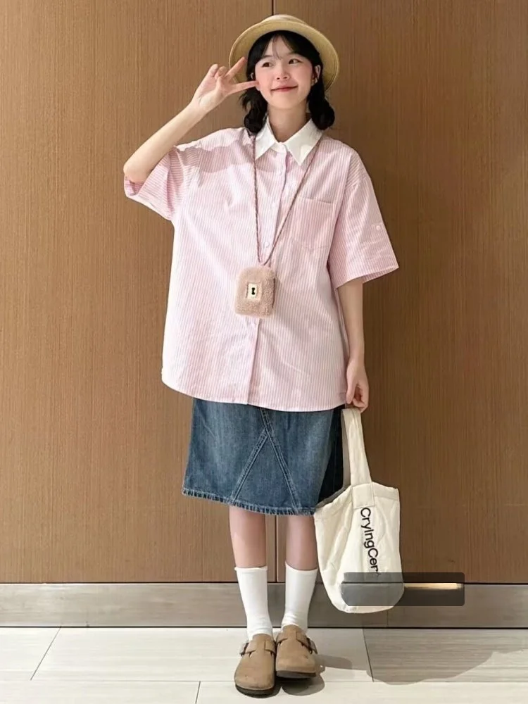 

Женский лыжный воротник в полоску в стиле ретро в японском стиле розового цвета Blo College Sle, маленький размер, воротник свободного покроя