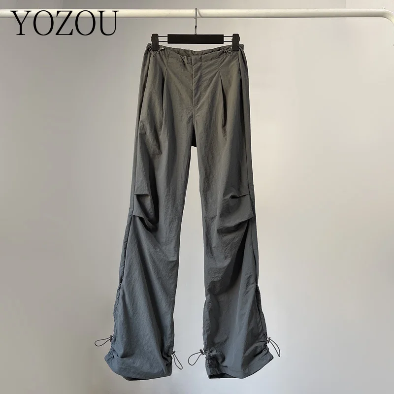 

[YOZOU] Thin Design Gorpcore Outdoor Drawstring Folds Baggy Cargo Parachute Pants Trousers Women Streetwear Black Green Khaki