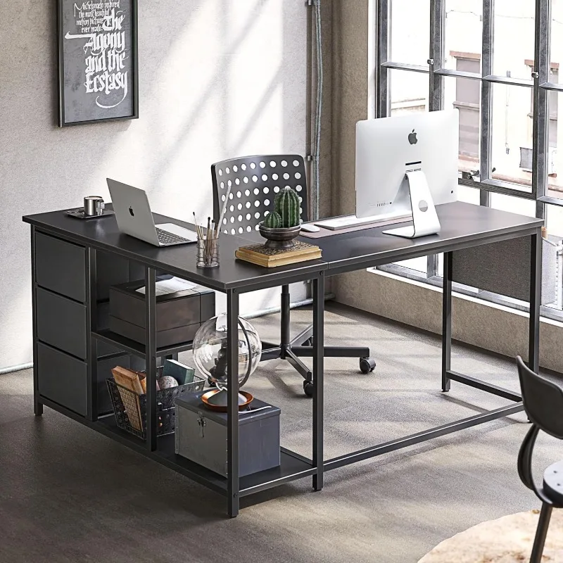 

L Shaped Desk with Drawers, Computer Desk with Storage & Shelves, Corner Desk with Storage, Home Office Desks with Drawers