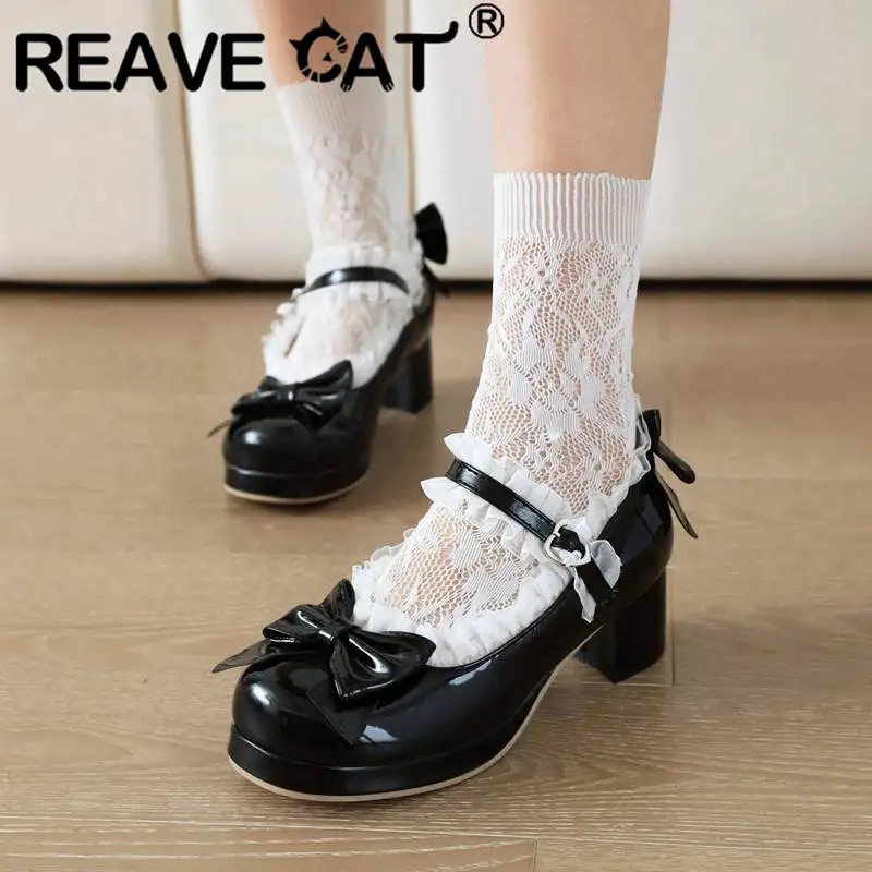 REAVE CAT Lolita Pumps For Women Round Toe Block Heel 5cm Platform 1.5cm Buckle Strap Bowknot Lace Sweet Girls Shoes Big Size 48