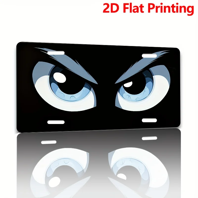 Letrero de aluminio plano 2D con diseño de placa de matrícula vintage de dibujos animados de ojos azules enojados, decoración de pared para garaje, bar, man cave y parte delantera del coche
