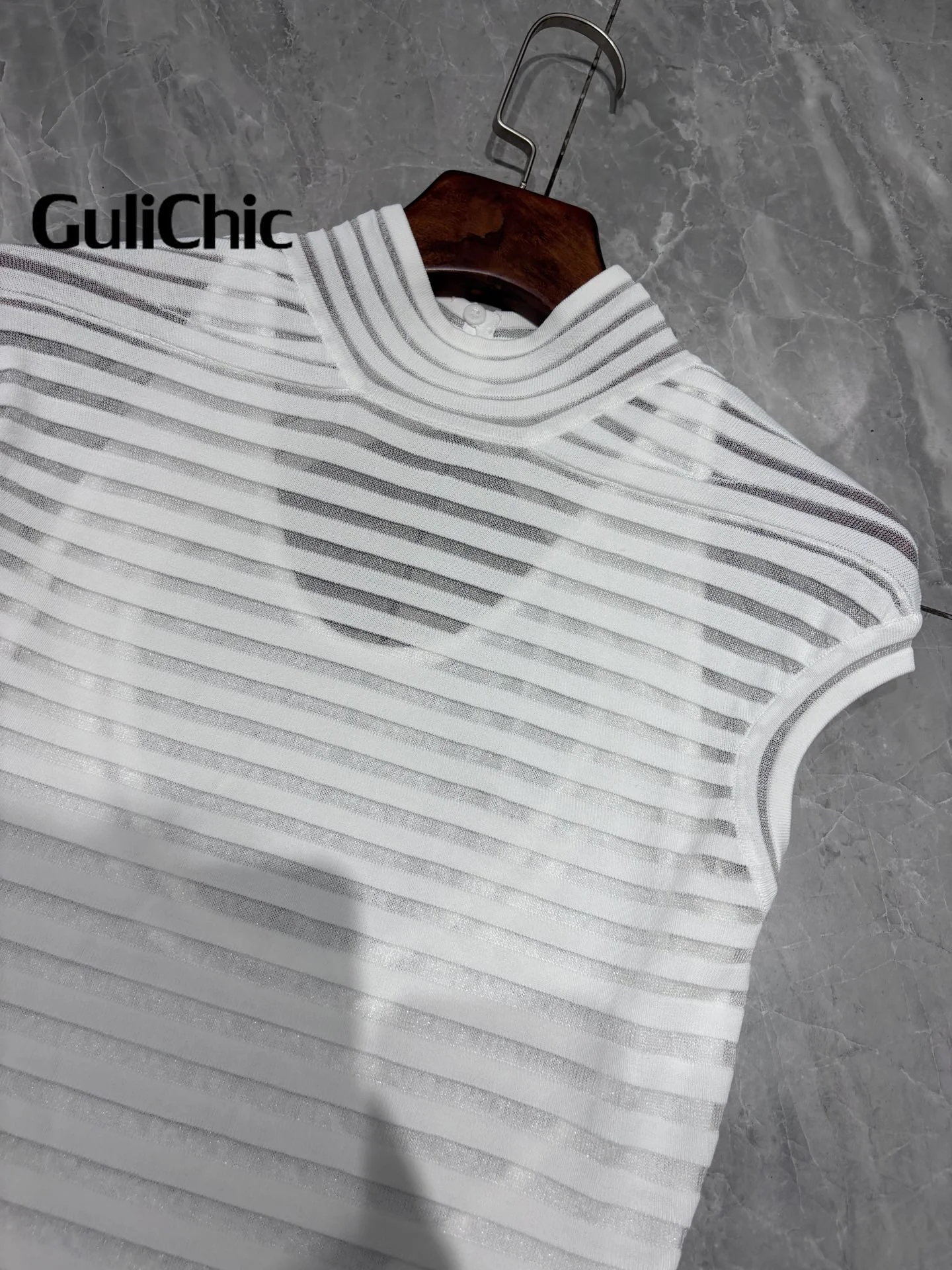 7.12 GuliChic Women Elegant Temperament Stand Collar Knit Dress Fashion Sexy Sheer Striped Hollow Out Backless Design Slim Dress