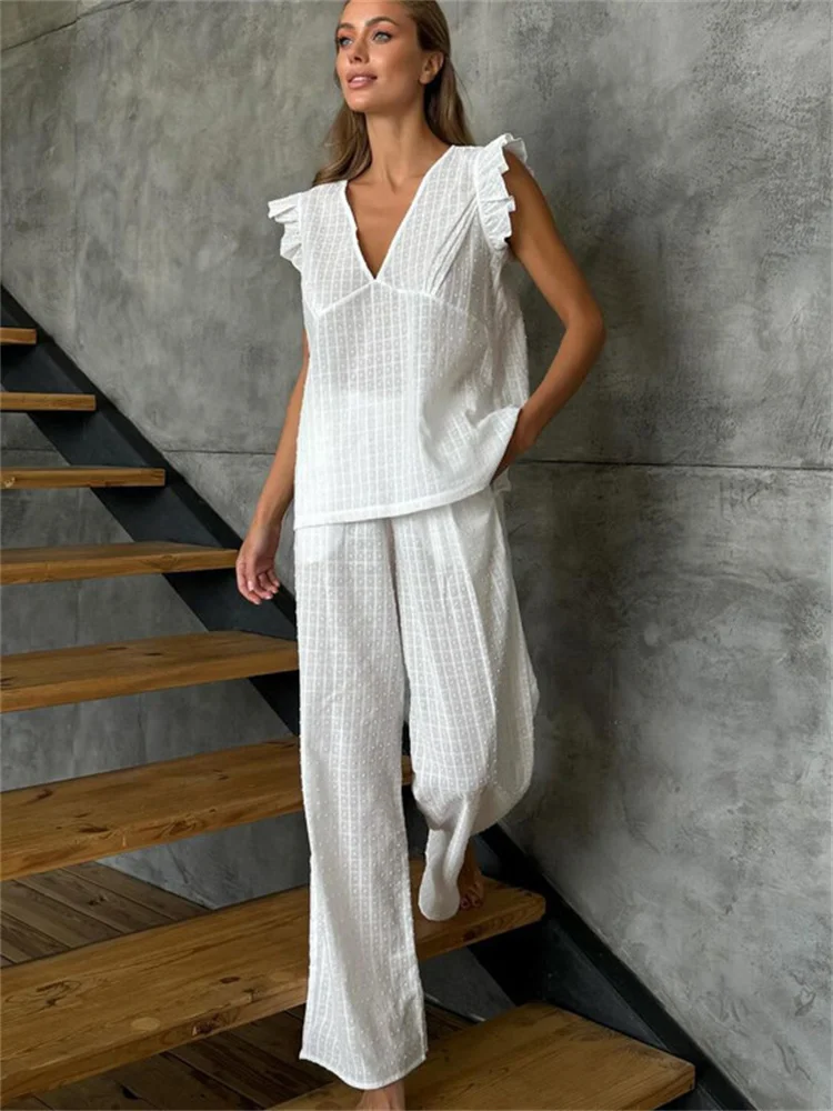 

Tossy White Summer Loose 2 Piece-Set Women's Pants Ruffled V-Neck Sleeveless Pullover And High Waist Commute Straight Legg Sets