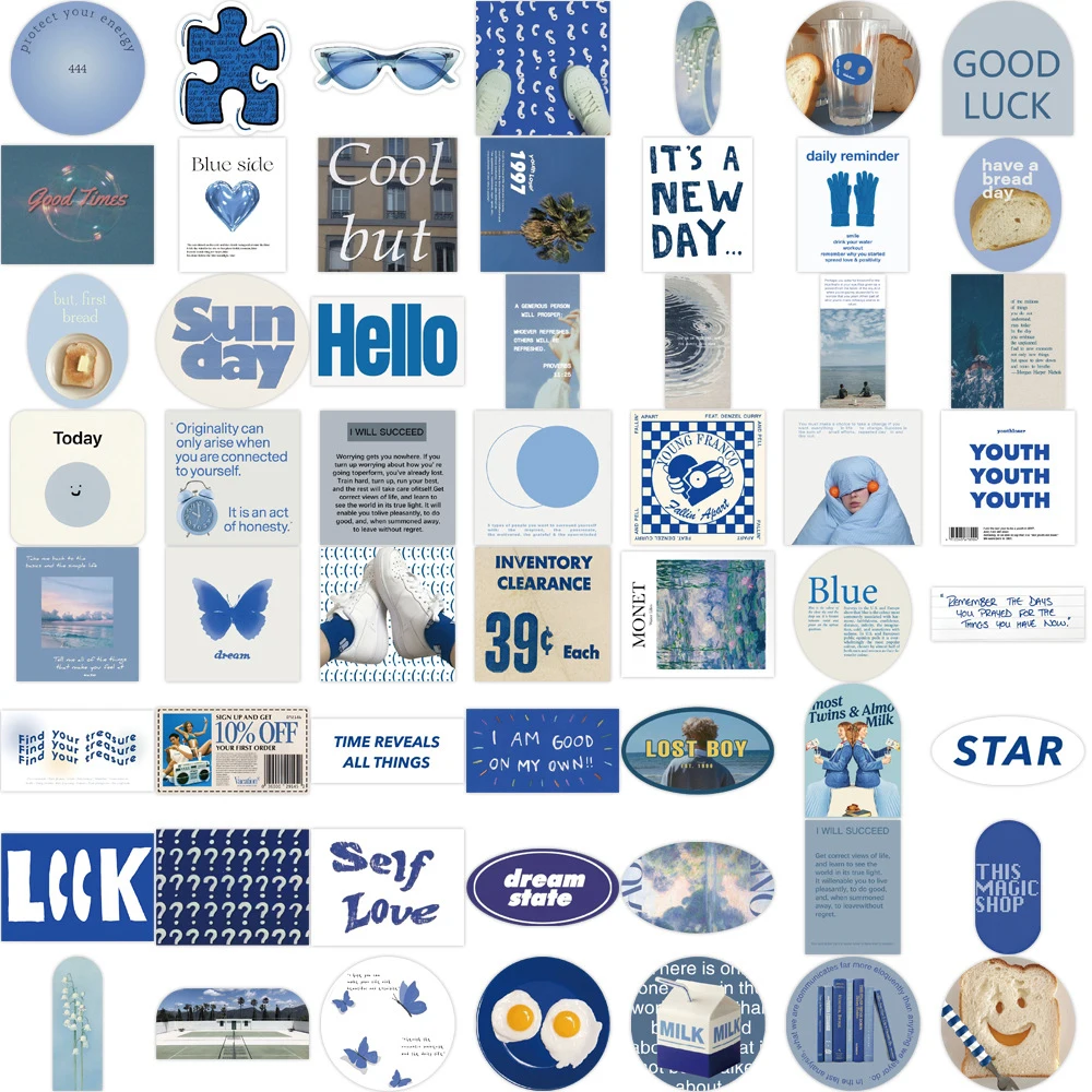 10/30/57pcs Fresh Blue Stickers Aesthetic Ins Style Graffiti Decals Decoration DIY Skateboard Scrapbook Fridge Guitar Bike Toys