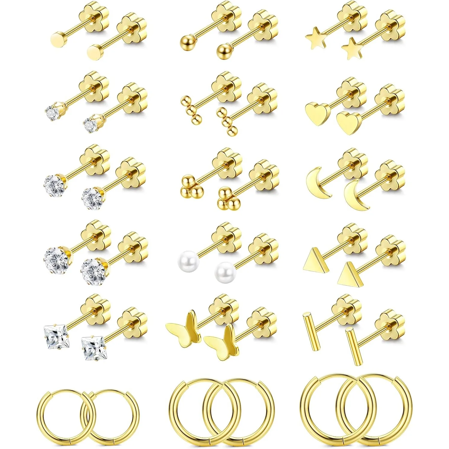

Florideco 18 Pairs Flat Back Stud Earrings for Women Men 14K Gold Plated Surgical Stainless Steel Cartilage Piercing Jewelry
