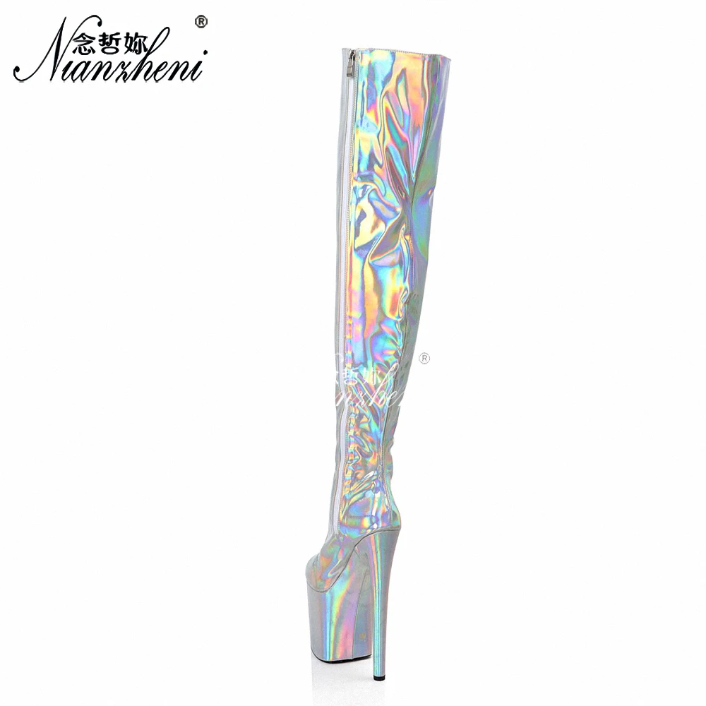 Silver Rainbow 8inch High Heels 20cm over the Knee Boots Platform gladiator tacosto dance Pole Dance Shoes Exotic Stripper Quee