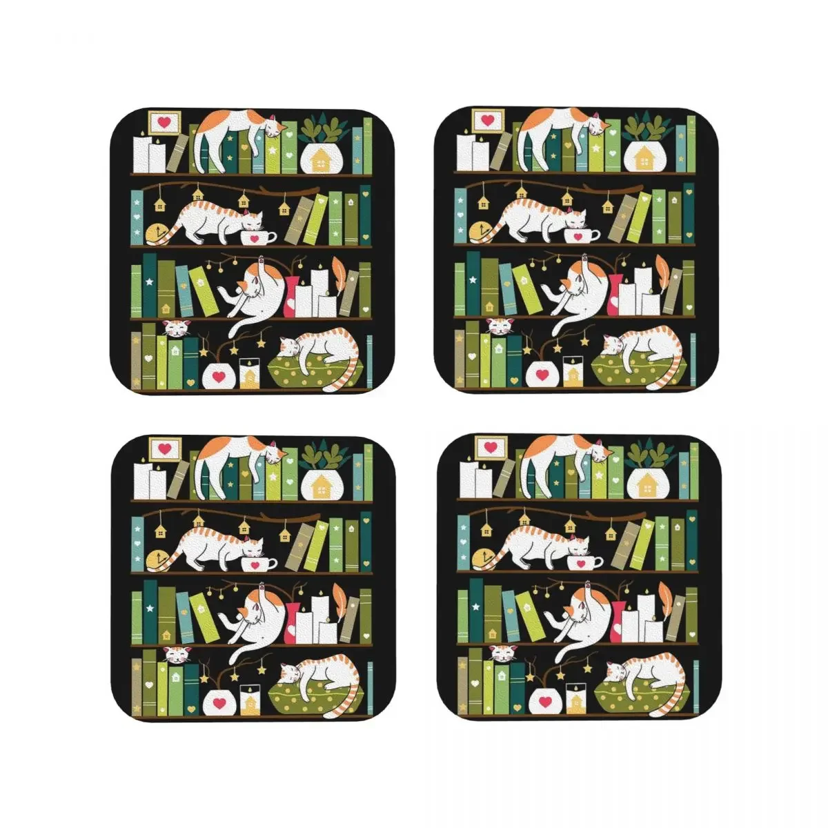 Whimsical Cats On The Book Shelves Coasters Coffee Mats Set of 4 Placemats Mug Tableware Decoration & Accessories Pads for Home