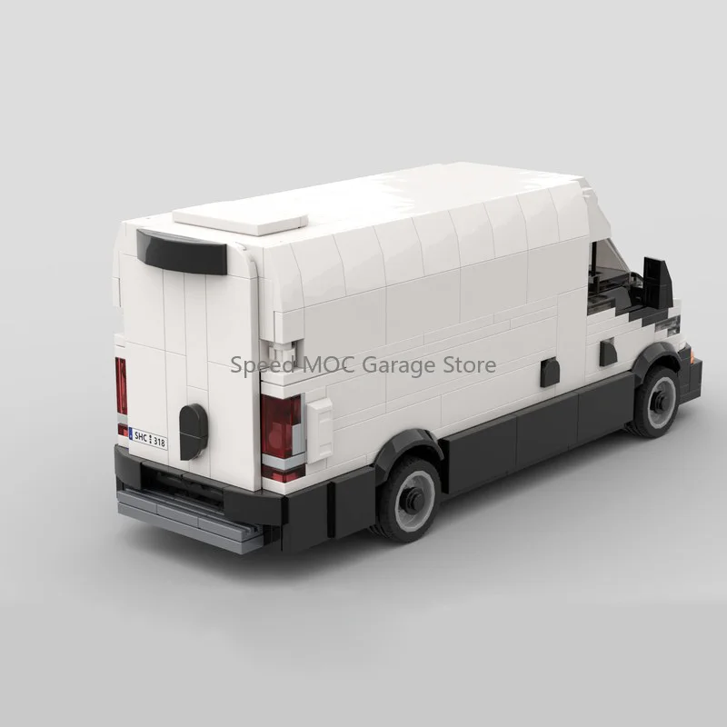 

MOC White & Black European Box Cargo Van Building Blocks - Modern Utility Vehicle Model Kit, Racing Legends Series