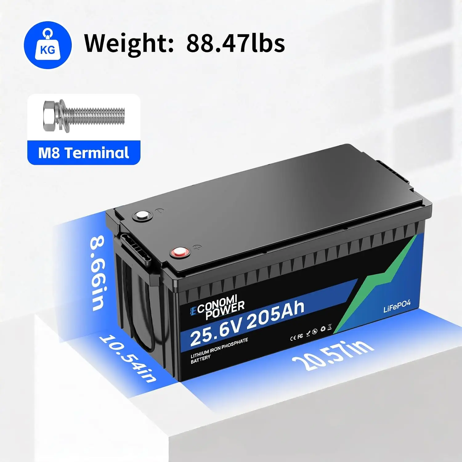 24V 200Ah (205Ah) LiFePO4 Lithium Battery， Built-In 200A BMS, Bluetooth 5.0 Monitoring, 5000+ Deep Cycles, 5.248kWh, Customized
