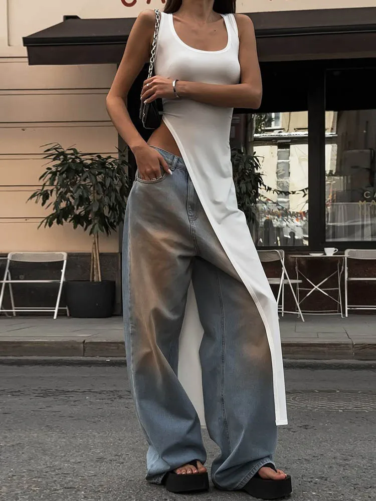 2024 sexy sem mangas lado alta divisão vestido sólido volta livre feminino midi vestidos de verão festa clube streetwear roupas y2k