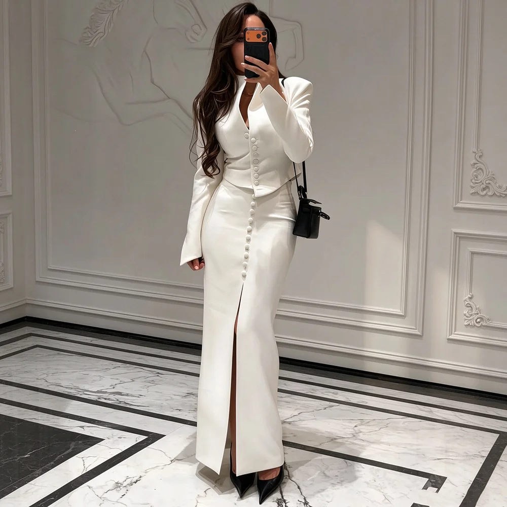 Customized Luxury White Suit For Women Two Pieces Single Breasted Slim Fit Blazer Slit Skirt Fashion Formal Female Dresses