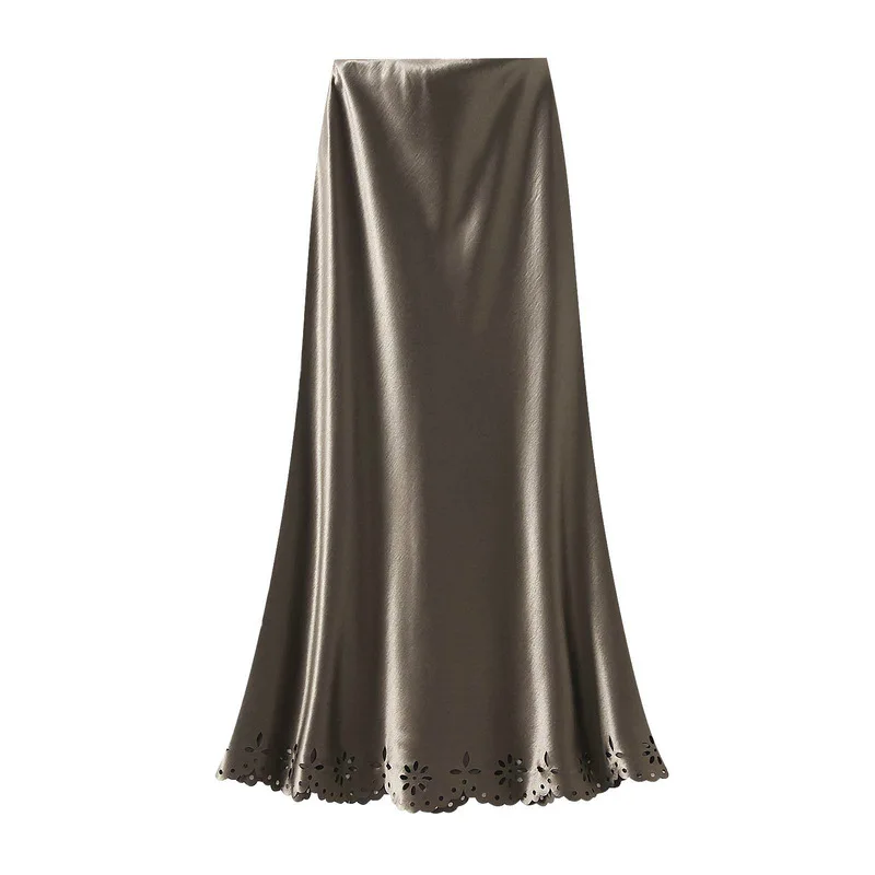 2026 Trendy Women Satin Long Skirt Spring Autumn Elegant High Waist Solid Color Floral Hollow Out Skirt