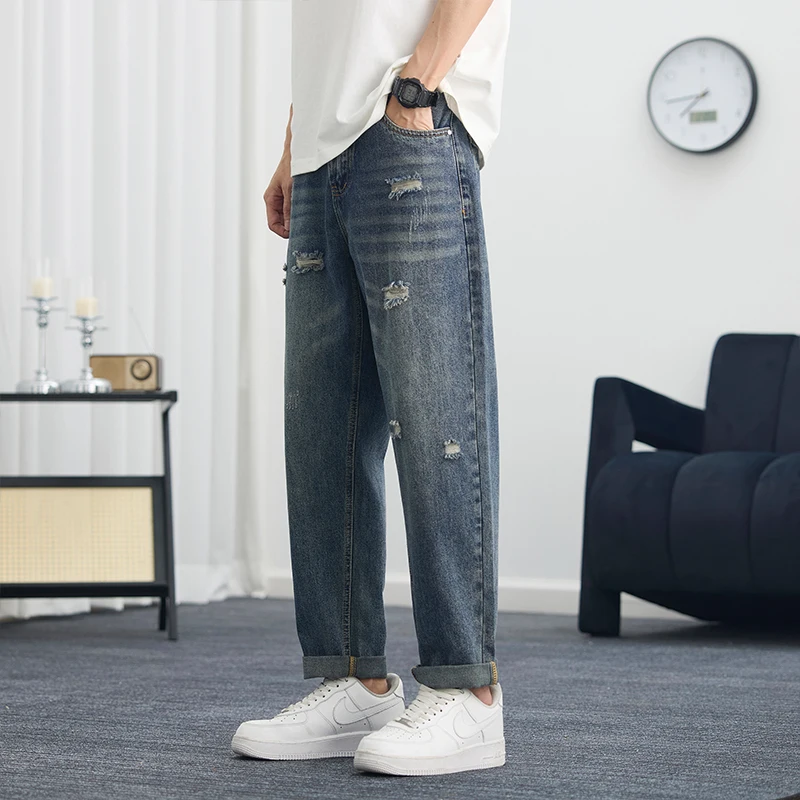 

Mens Ripped Jeans Slim Fit Dark Blue Spring Autumn Destroyed Torn Stylish Moto Biker Jeans Denim Pants Men Hip Hop Streetwear ﻿