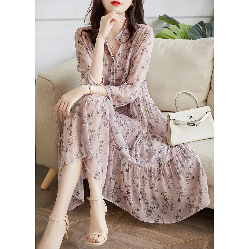 Birdtree-100% Mulberry Silk Dress for Women, Stand Collar, Floral Printed, Casual 2 Piece Set, OL, Summer, Autumn, New, D383110Q