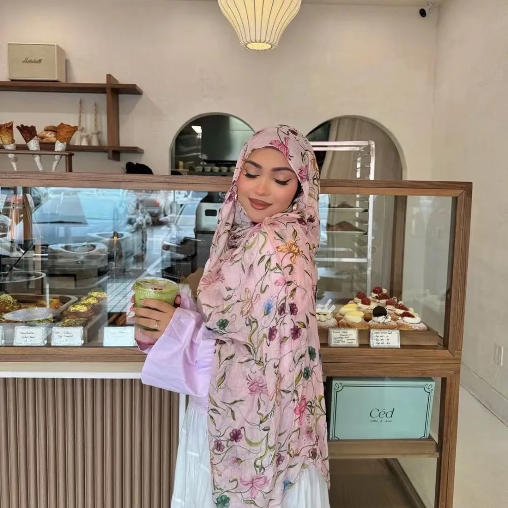 

Luxury Floral Ethnic Style Scarf Watercolor Bandana Headscarf Plaid Print Long Tudung Daily