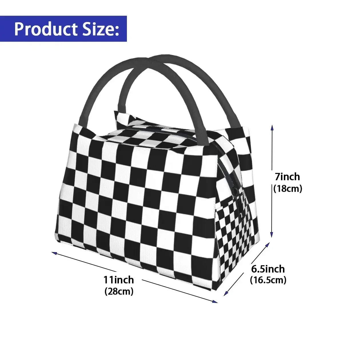 สีดํา Checkerboard ถุงอาหารกลางวันคลาสสิกสีดําและสีขาว Checker กล่องอาหารกลางวัน Office Graphic Cooler กระเป๋าตลกกันน้ํา Tote ถุงอาหาร