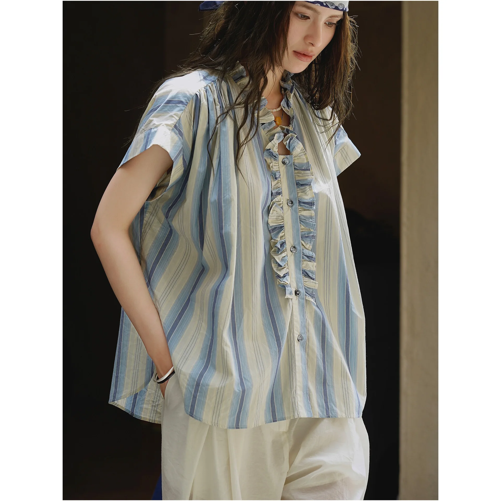 

Summer Color-striped Drop Shoulder Sleeve Ruffled Hem Loose Fit Blouse For Women