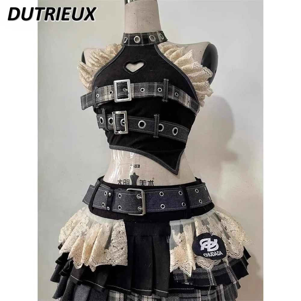 

Sweet and Cool Babes Splicing Denim Neck Tube Top Women's Summer Irregular Super Short Cake Skirt Two Piece Set Outfits