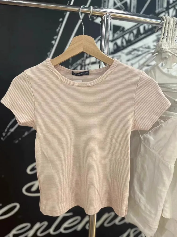 Kobiety Różowe Paski Vintage Slim T-Shirt Letni Okrągły Dekolt Krótki Rękaw Bawełniany Tshirt Damski Casual Streetwear Y2k Crop Top Tees